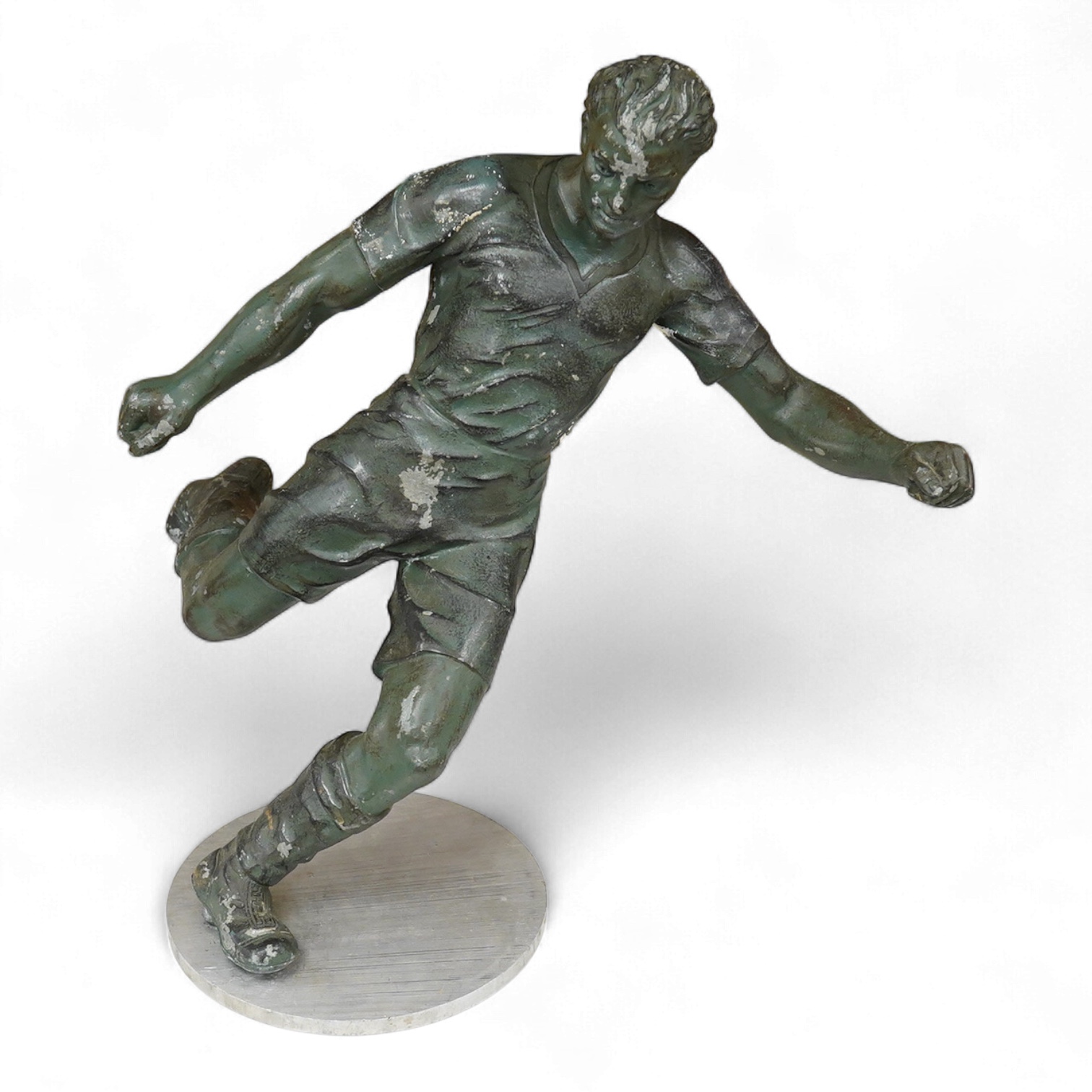 A mid 20th century aluminium cast sculpture of a footballer on stand- 35.5cm wide